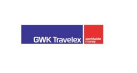 Logo van GWK Travelex met blauwe, rode en witte kleuren.