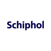 Logo van Schiphol met de tekst 'Schiphol' in blauwe letters naast een zwart vliegtuig.