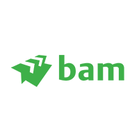 Logo van BAM met groene tekst en symbool.
