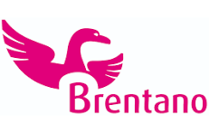 Logo met een roze zwaan en de tekst 'Brentano' eronder.