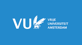 Logo van Vrije Universiteit Amsterdam met blauwe achtergrond en witte tekst