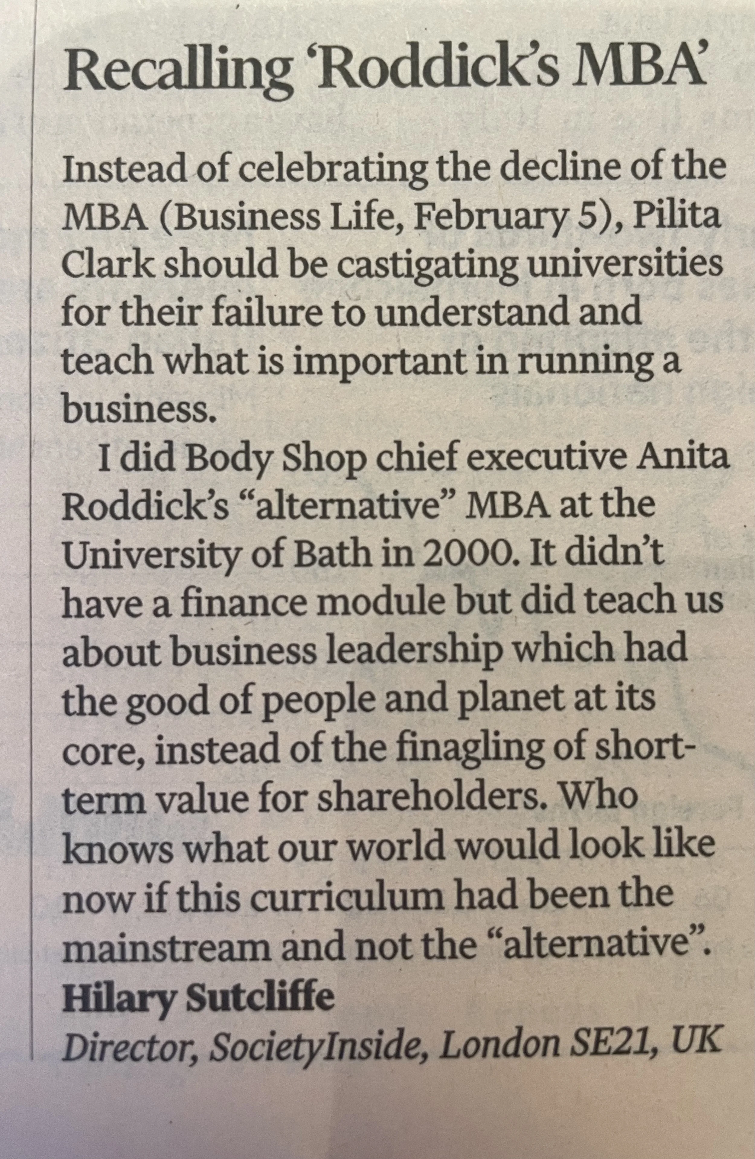 My FT Letter on Financialisation 