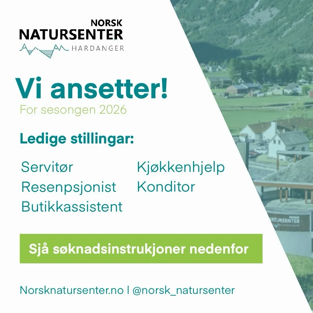 Vil du jobbe i ein av dei mest bes&oslash;kte menneskeskapte attraksjonane i Hardanger? Vi har ledige stillingar til sesongen 2026 ⛰️

S&oslash;k via v&aring;re nettsider: norsknatursenter.no/ledige-stillinger 

Du finner ogs&aring; stillingsannonsan
