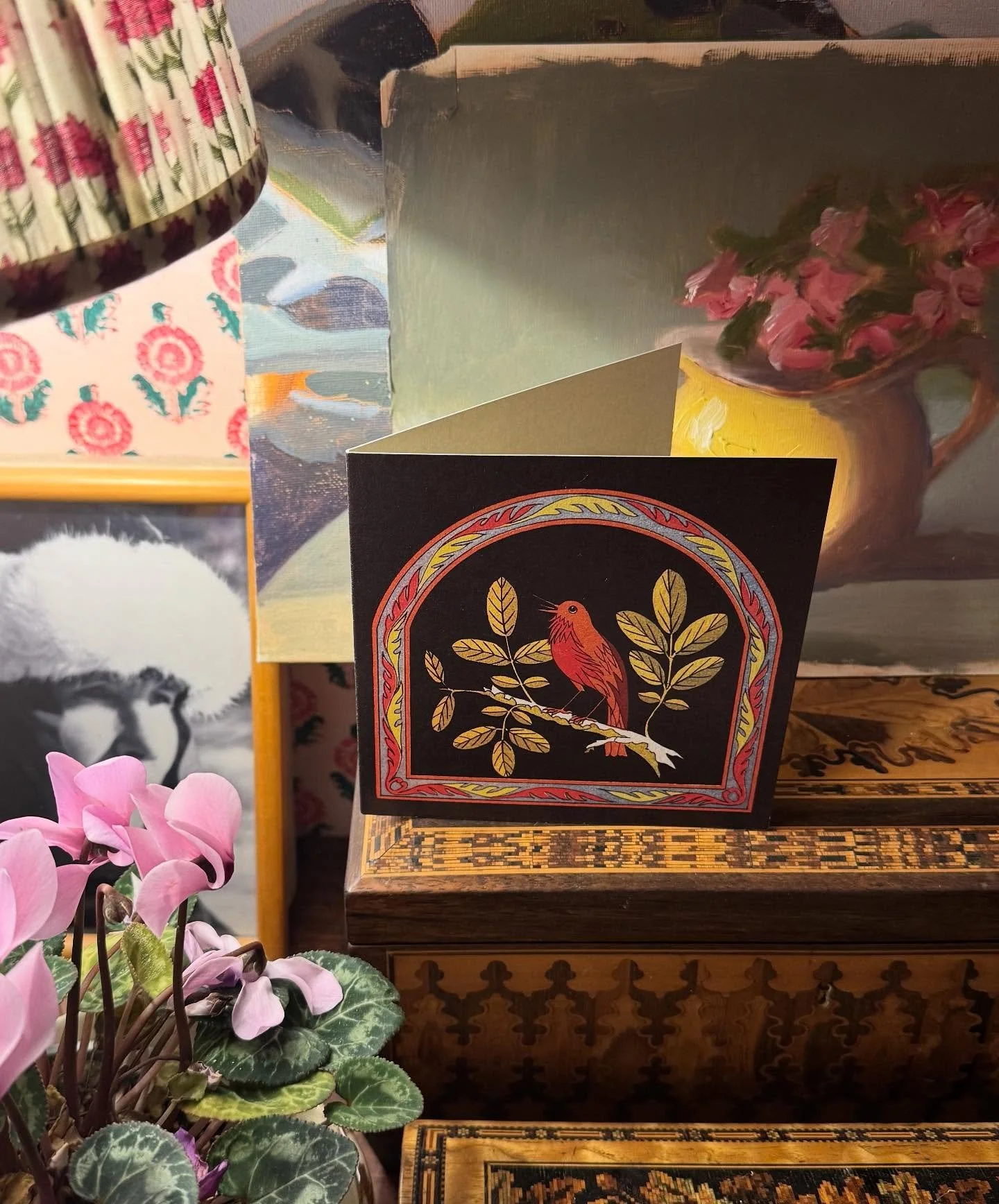 The Robin, the gardener&rsquo;s faithful friend and the most inquisitive and charming of birds with his filmic flash of red. I couldn&rsquo;t resist this one, inspired by a piece of Tunbridge ware collected by my father. He&rsquo;s good to go as a Ch