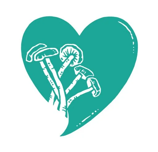 A teal heart with illustrated mushrooms growing from the base, some with caps and stems, inside the heart.