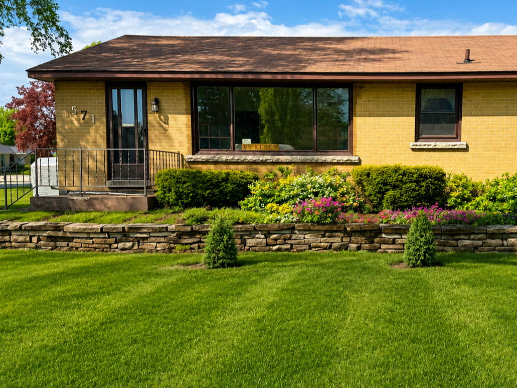 A single-story brick house with a red shingle roof, front steps, and a lawn with trees around it.