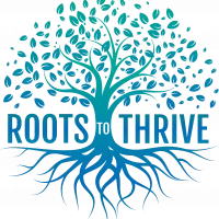 A logo with a stylized tree and the words 'Roots Thrive' beneath it.