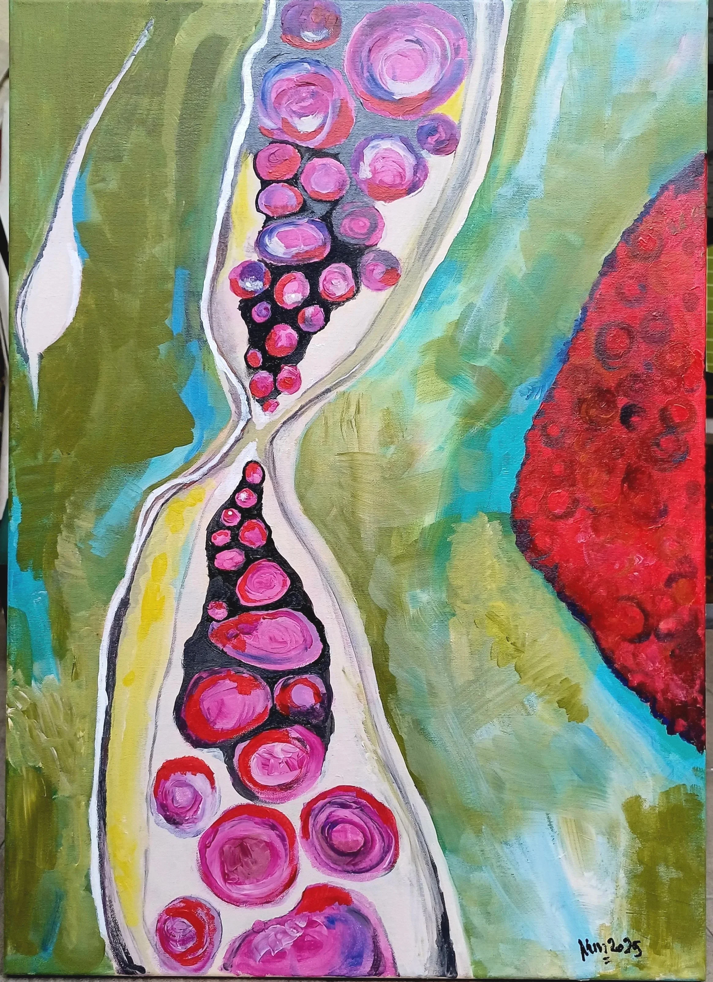 FUNGAL FISSION  (2025)
Acrylic on canvas 50 x 70 cm

Cell division unfolds as a moment of quiet rupture and renewal. Inspired by microscopic rhythms, the composition captures the instant where one form becomes two—where life splits, transforms, and s