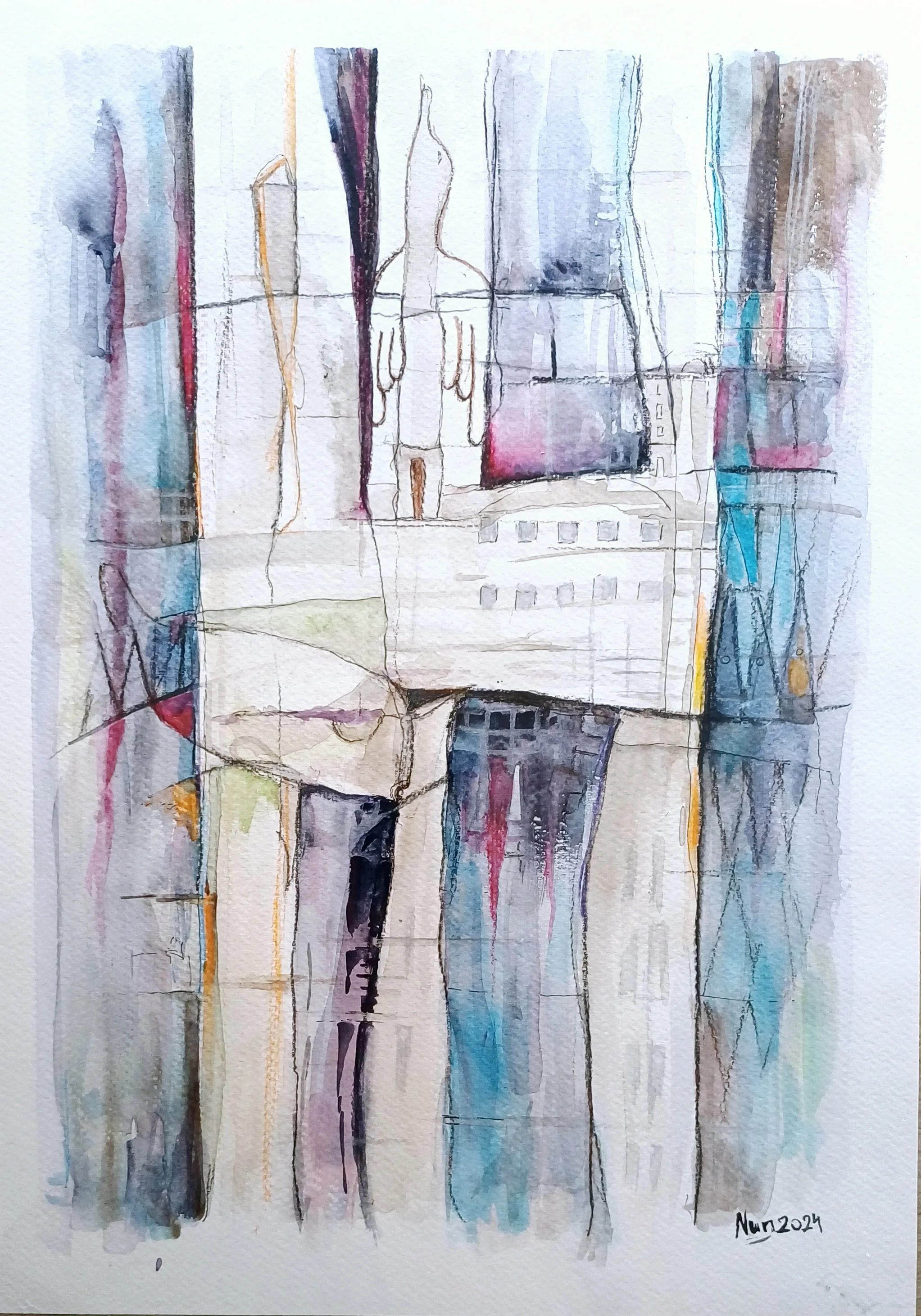 Old cily with tower   -  A/3 ink, pencil,  and watercolor on paper