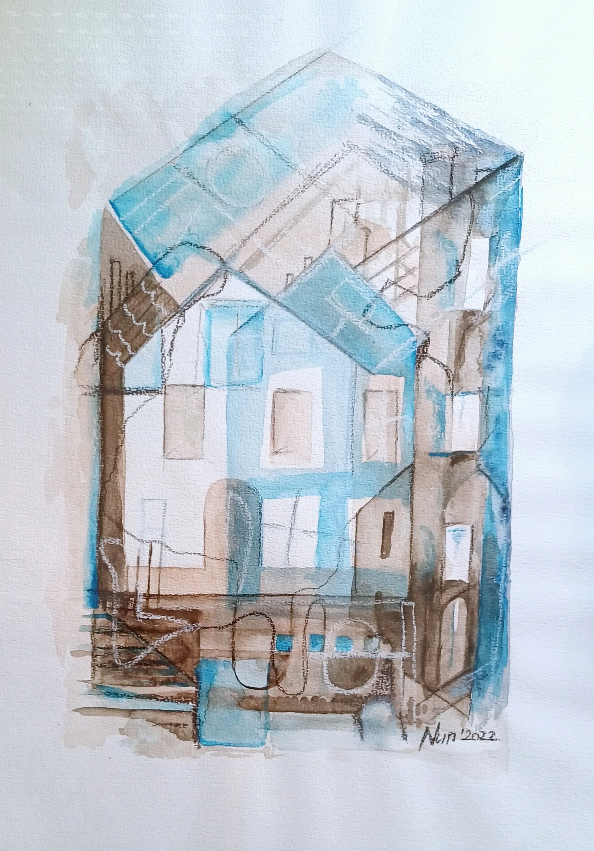 Blue House   -  A/3 colour pencil, pitt and watercolor on paper