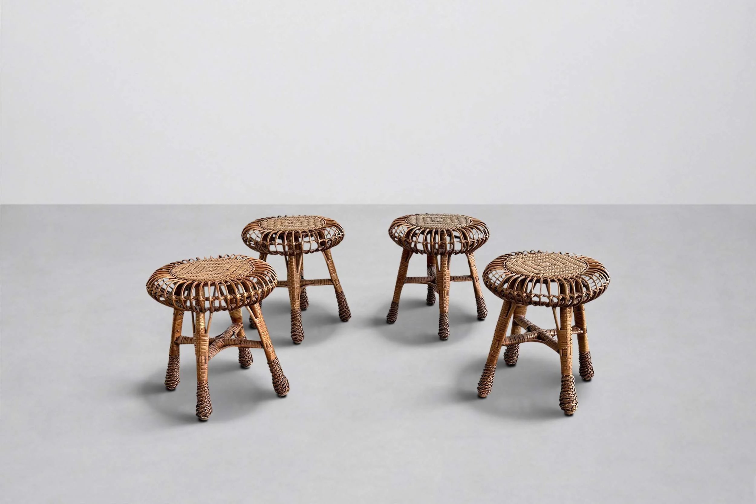 Set of Four Wicker Stools, Italy 1960s