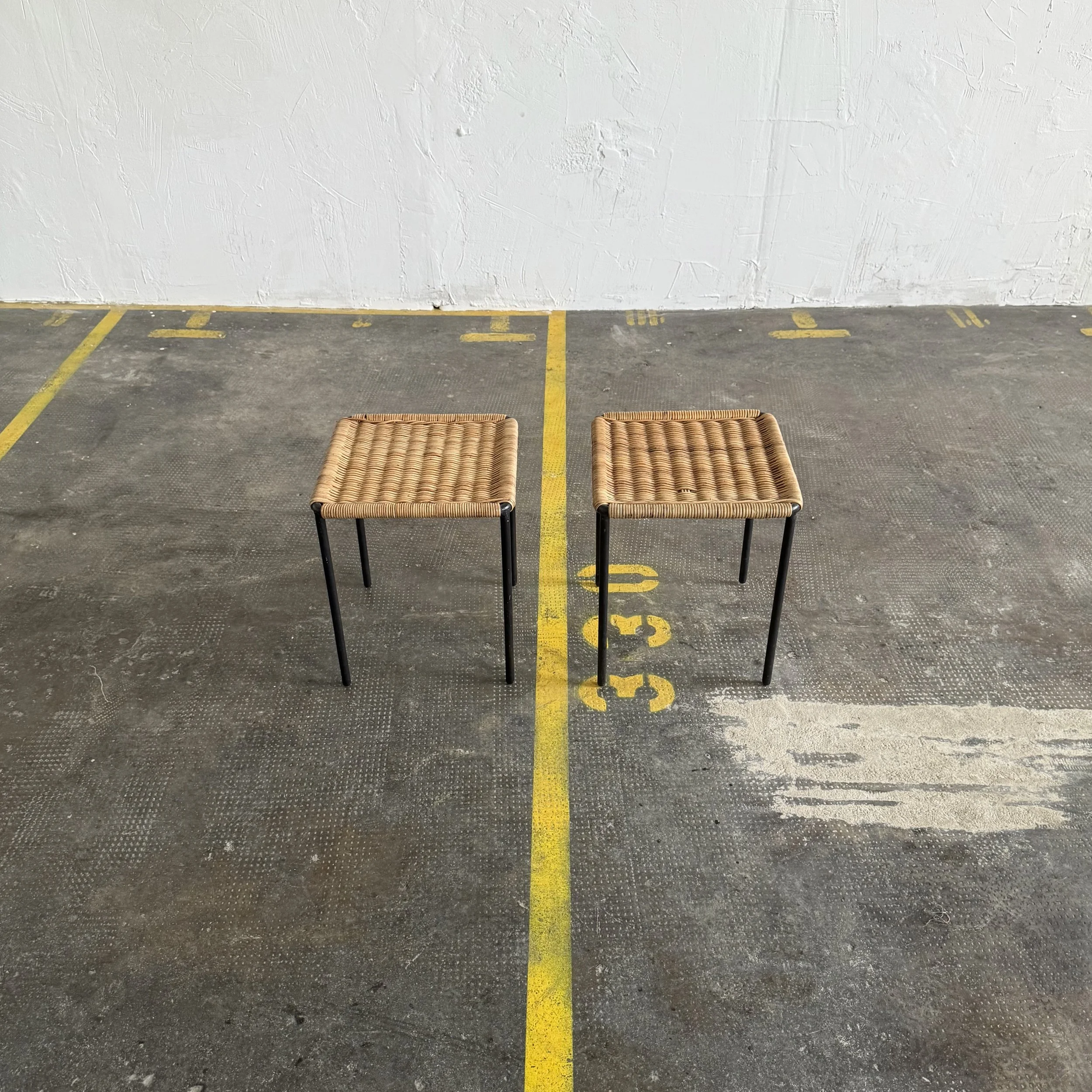 Set of Two Square Carl Auböck Wicker Tables, Austria 1950s