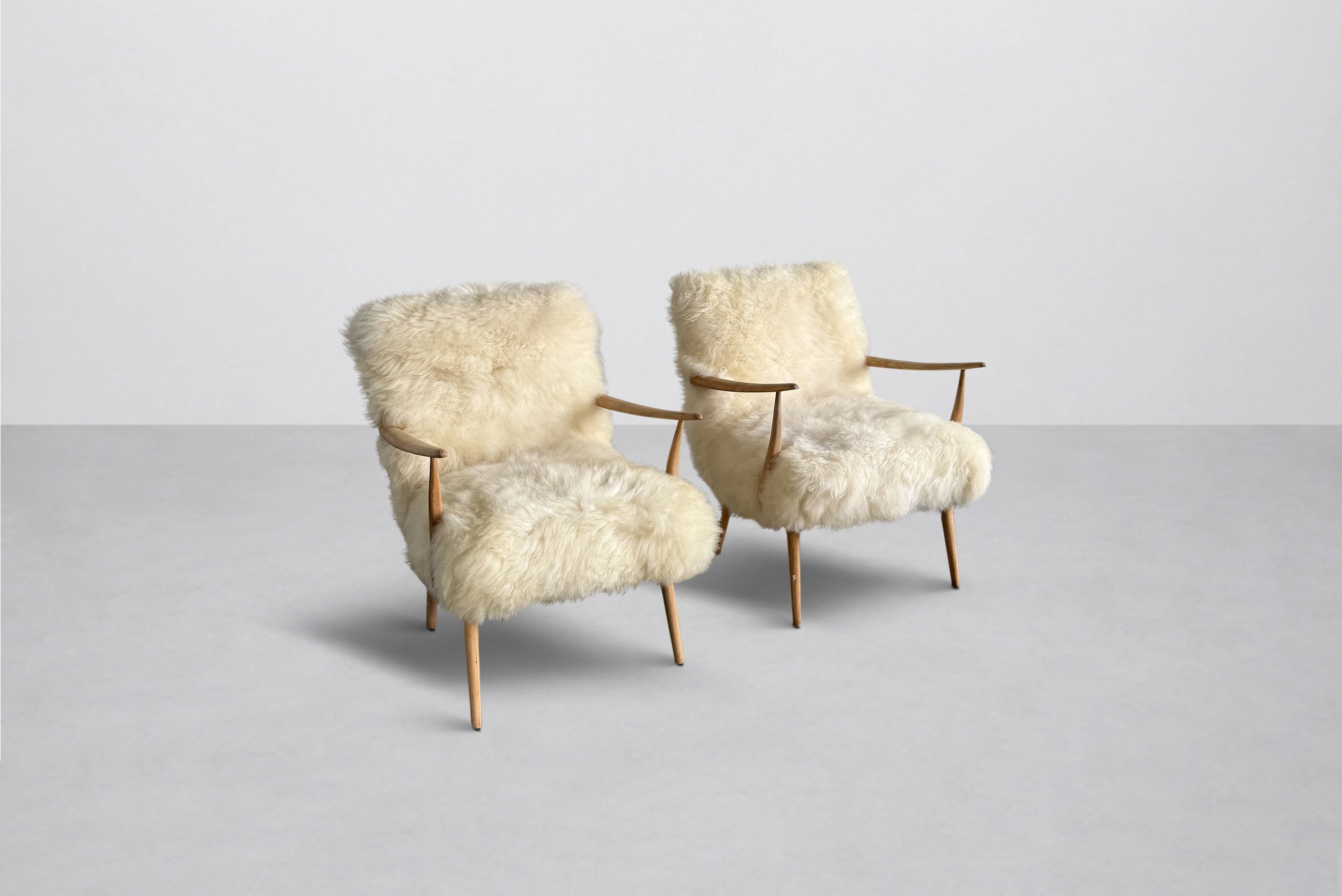 Set of 2 Unique Sheepskin Easy Chairs, Vintage Mid Century Wood Frames, Re-Upholstered