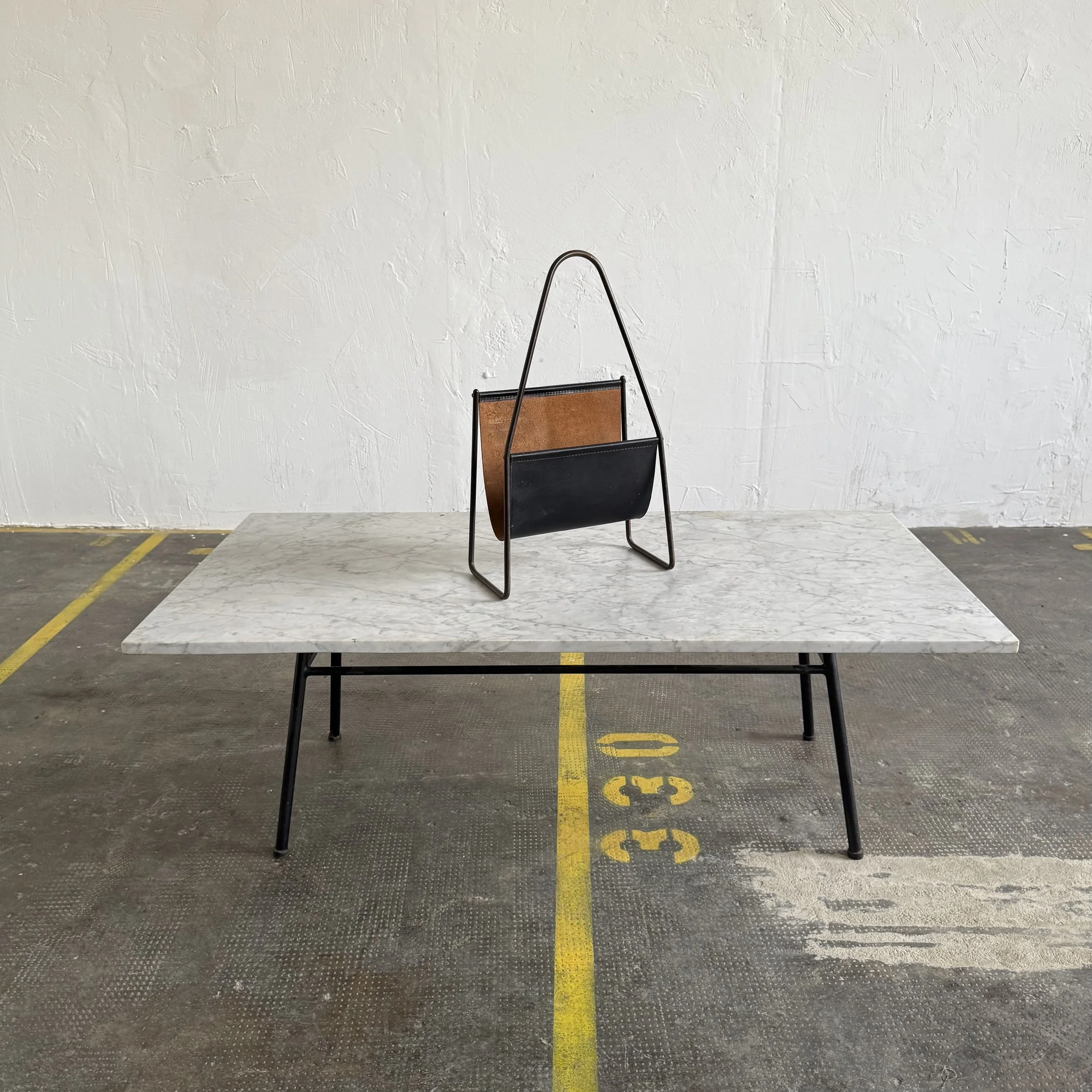 Carl Auböck Black Leather Brass Magazine Rack, Austria 1950s