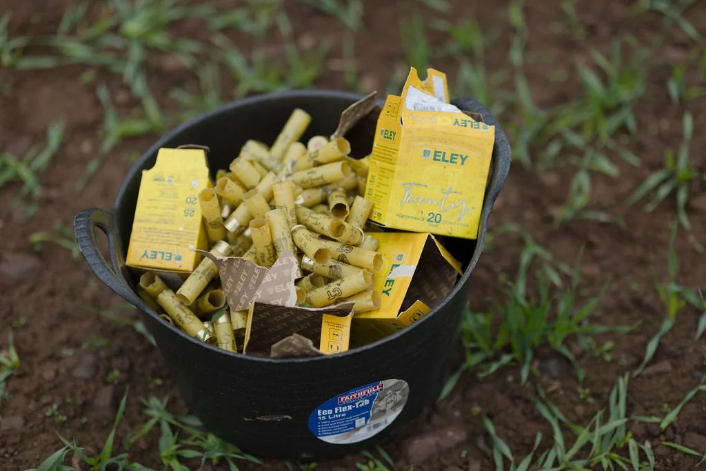 A black bucket filled with used shotgun shells on the ground with grass and dirt.