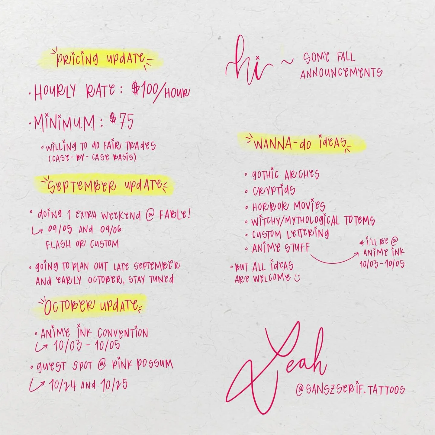 Hiiii it took me a sec, but here's an update post about my fall schedule! Typed out below 👇🏼 I've had such a good first couple of months here in Richmond, looking forward to making even more cool art with even more cool people ☺️

August &amp; Sept
