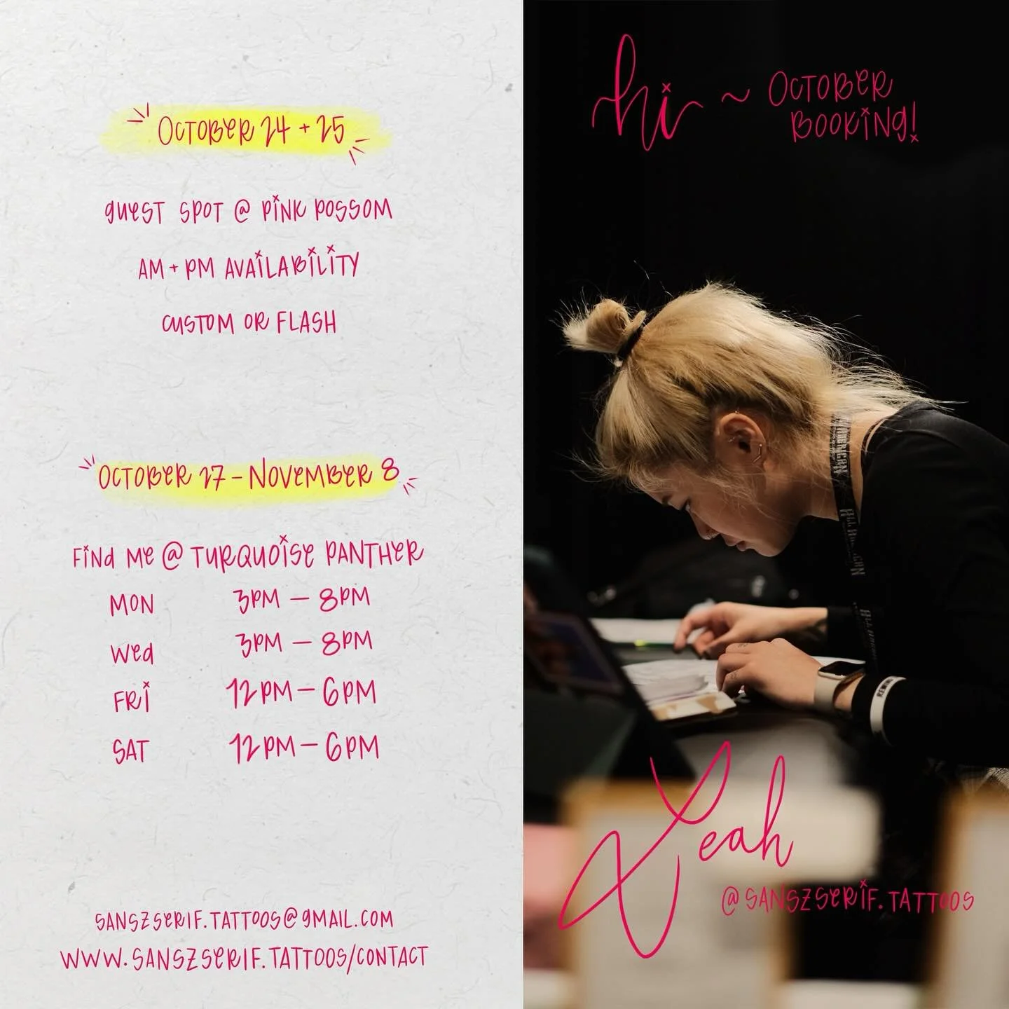 Hi everyone 👋 thank you for a wonderful September! Here's my availability for the month of October. It's my favorite time of year, so I'd love to make some spooky stuff happen 🎃 Shoot me an email, or use the contact form on my website to get in tou
