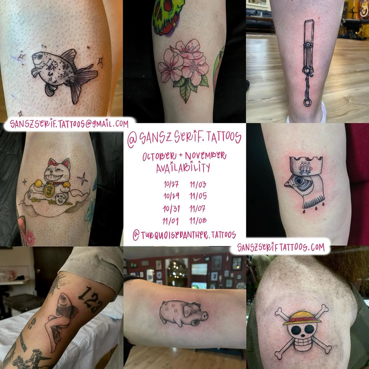 Updated availability!! You can find me @turquoisepanther.tattoo on Monday and Wednesday evenings and full days on Fridays and Saturdays! I'm looking forward to meeting even more cool people and continuing to learn, grow, and make cool art 😊

📧 Emai