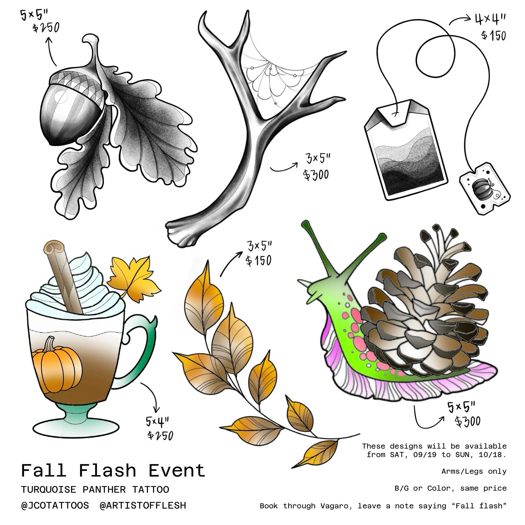 @turquoisepanther.tattoo Fall Flash Event 🍂🎃☕️🍁

We&rsquo;ll be offering these designs from 09/19-10/18 to help get you into the fall season!