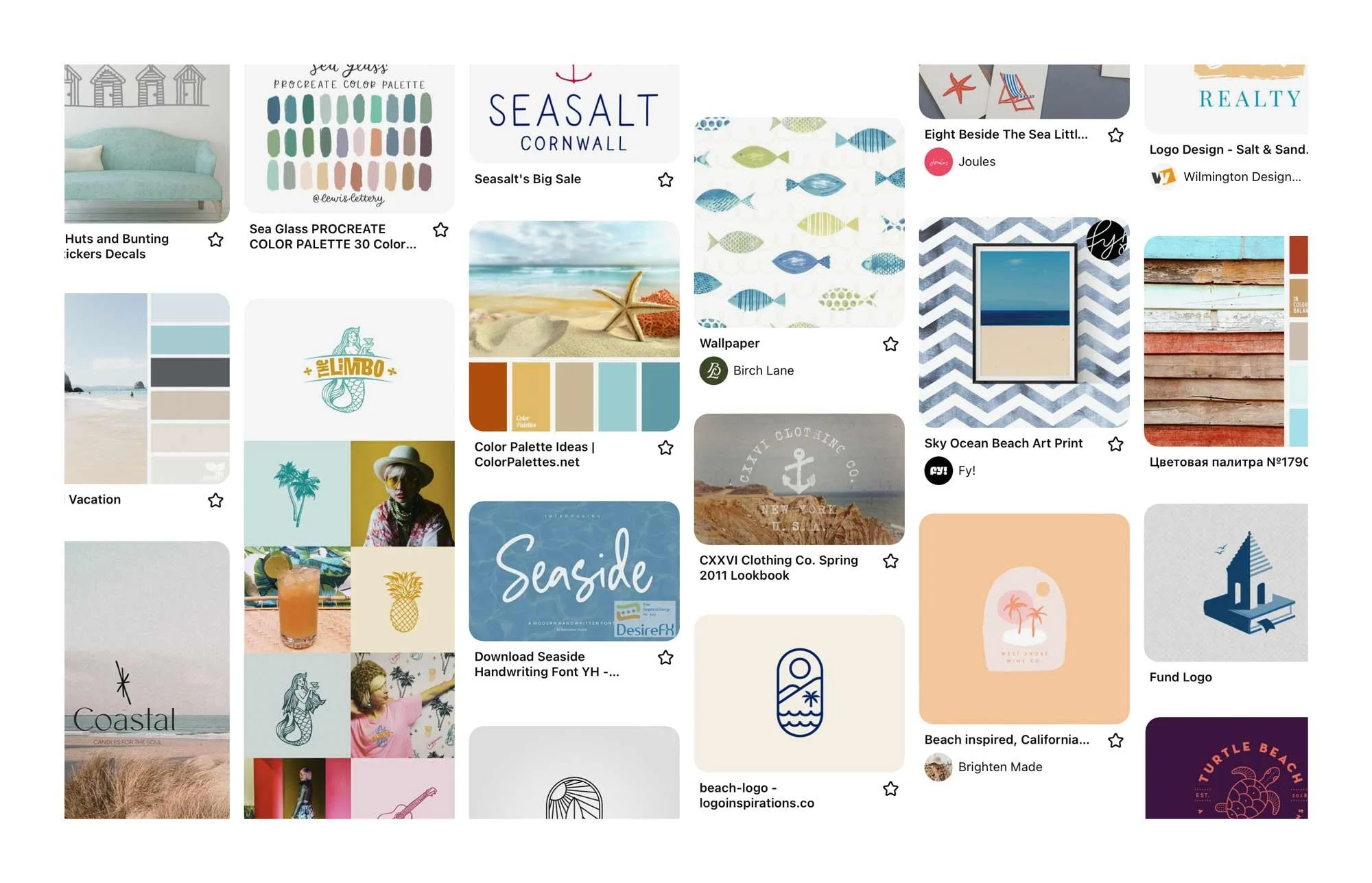 Collage of coastal and beach-themed images including color palettes, decor, wallpapers, illustrations, and photographs of beaches, sea, and seaside elements with some logos and design references.