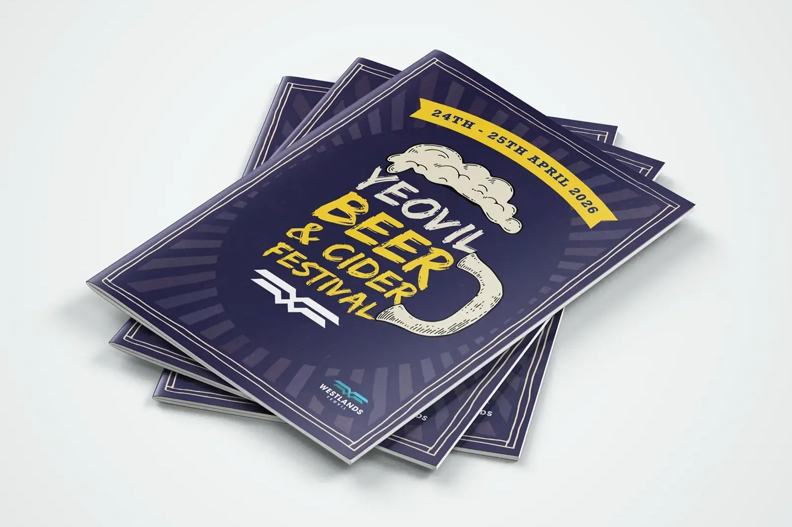Flyers promoting a beer, cider, and festival event from April 24th to 25th, 2026, organized by Westlands, with a dark blue background, text, and a beer mug illustration.
