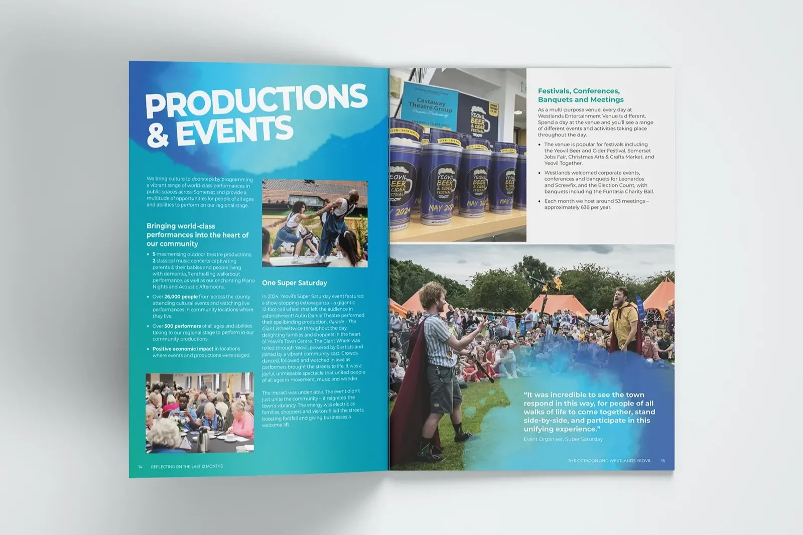 Open magazine spread about productions and events, featuring photos of outdoor festival with a large crowd, children performing on stage, and festival merchandise on a shelf.