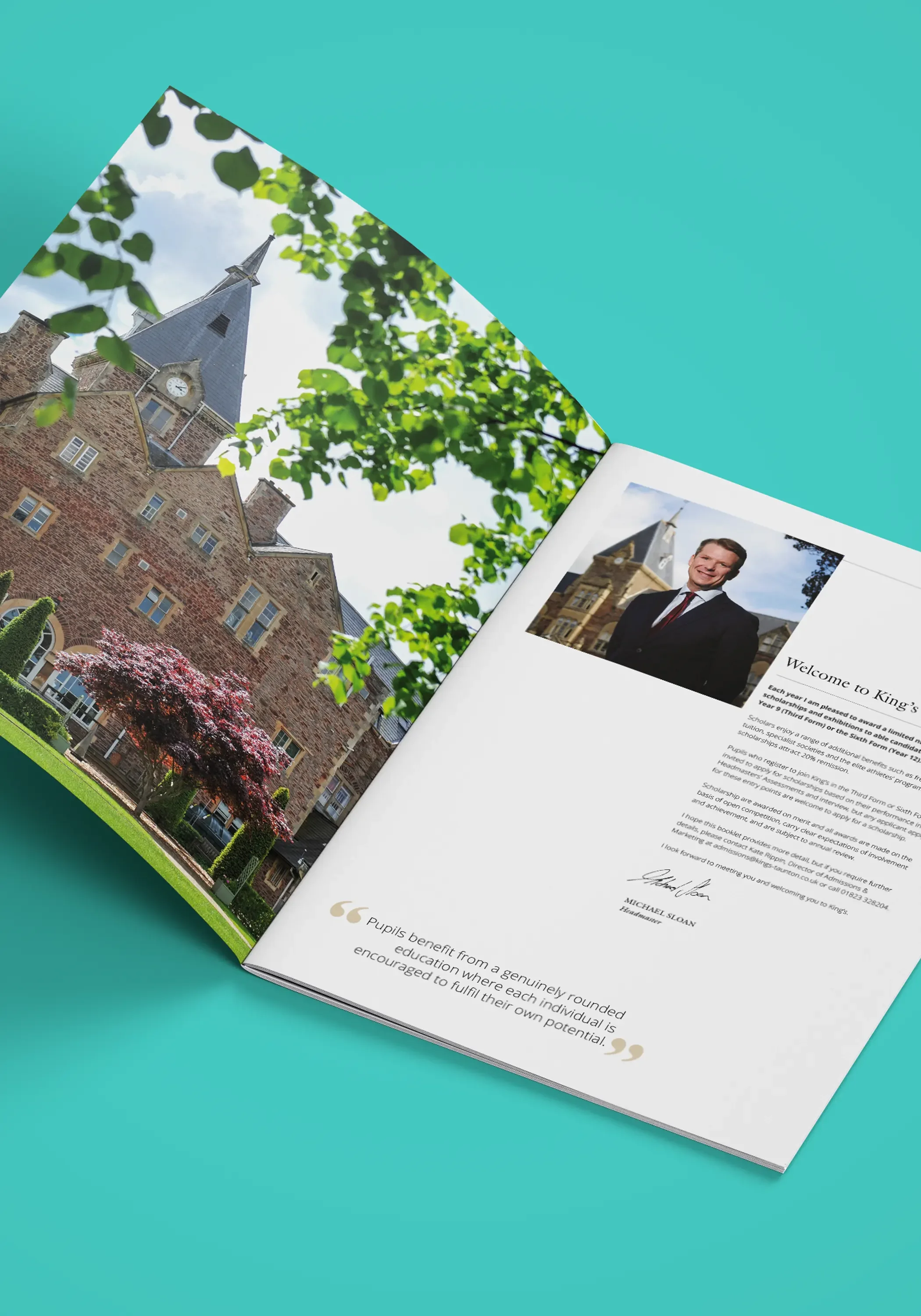Open booklet displaying a photo of King’s College Chapel, a historic brick church with a tall steeple, surrounded by greenery; next to a pamphlet with a picture of a man in a suit and a building.