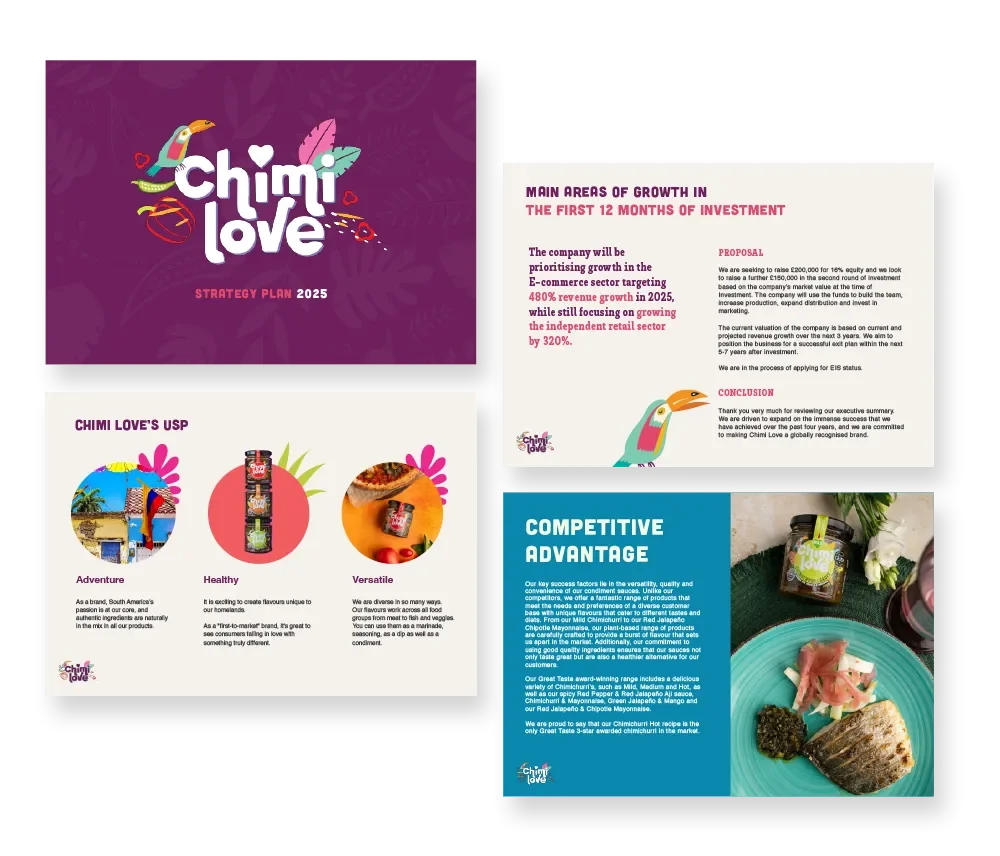 Chimi Love pitch deck cover page, 2025, with sections on growth areas, unique selling propositions, proposal, conclusion, and competitive advantage, featuring colorful tropical and product images.