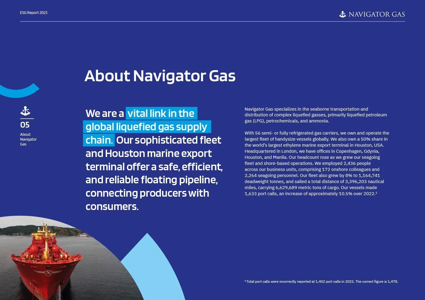 Page from an ESG report for Navigator Gas, containing a blue background, white and blue text about their seaborne liquefied gas supply chain, with a section number 05 and an image of a red cargo ship in a harbor at the bottom left corner.