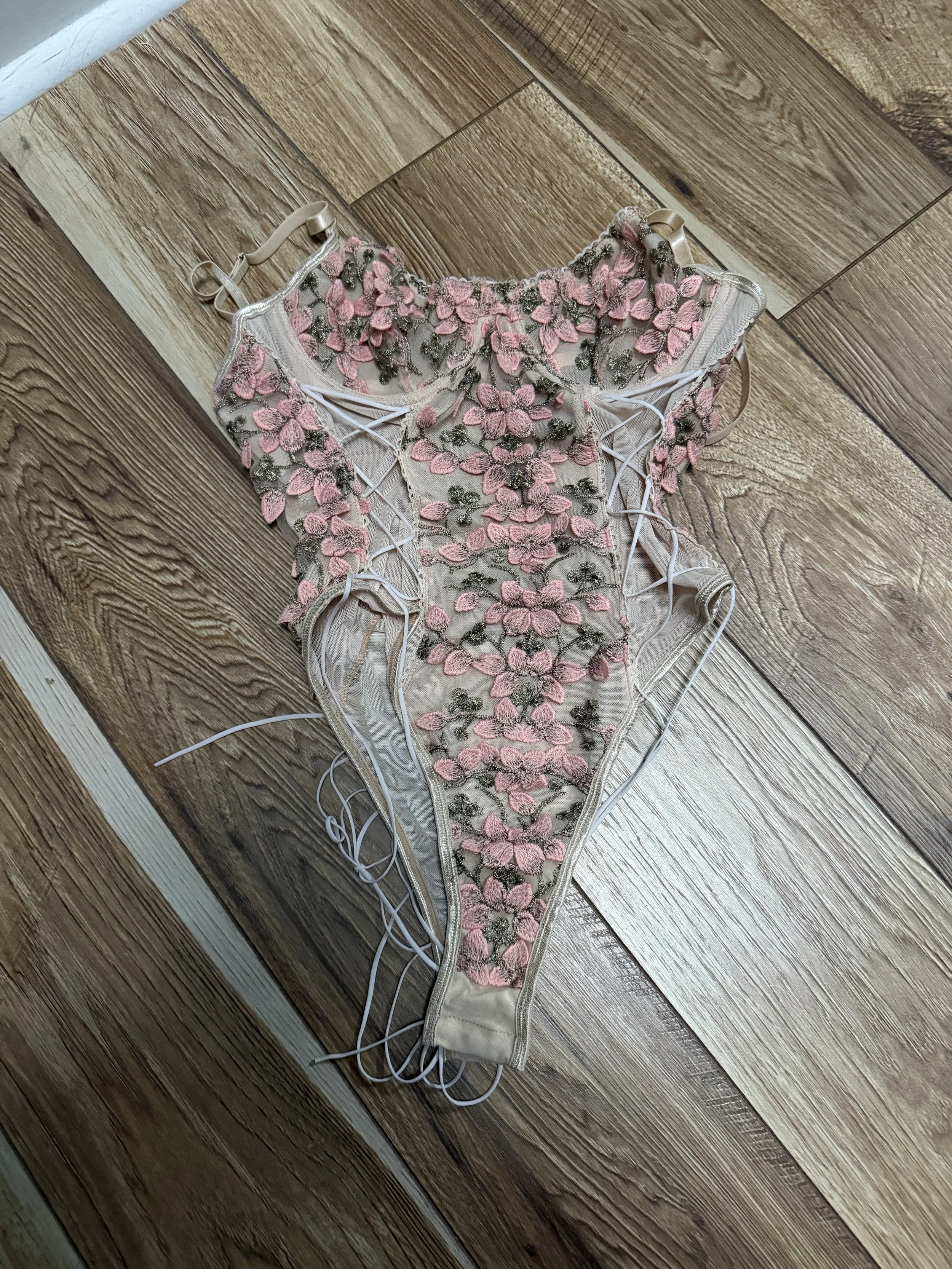 Pink Flower Tie Up One Piece Lingerie Set