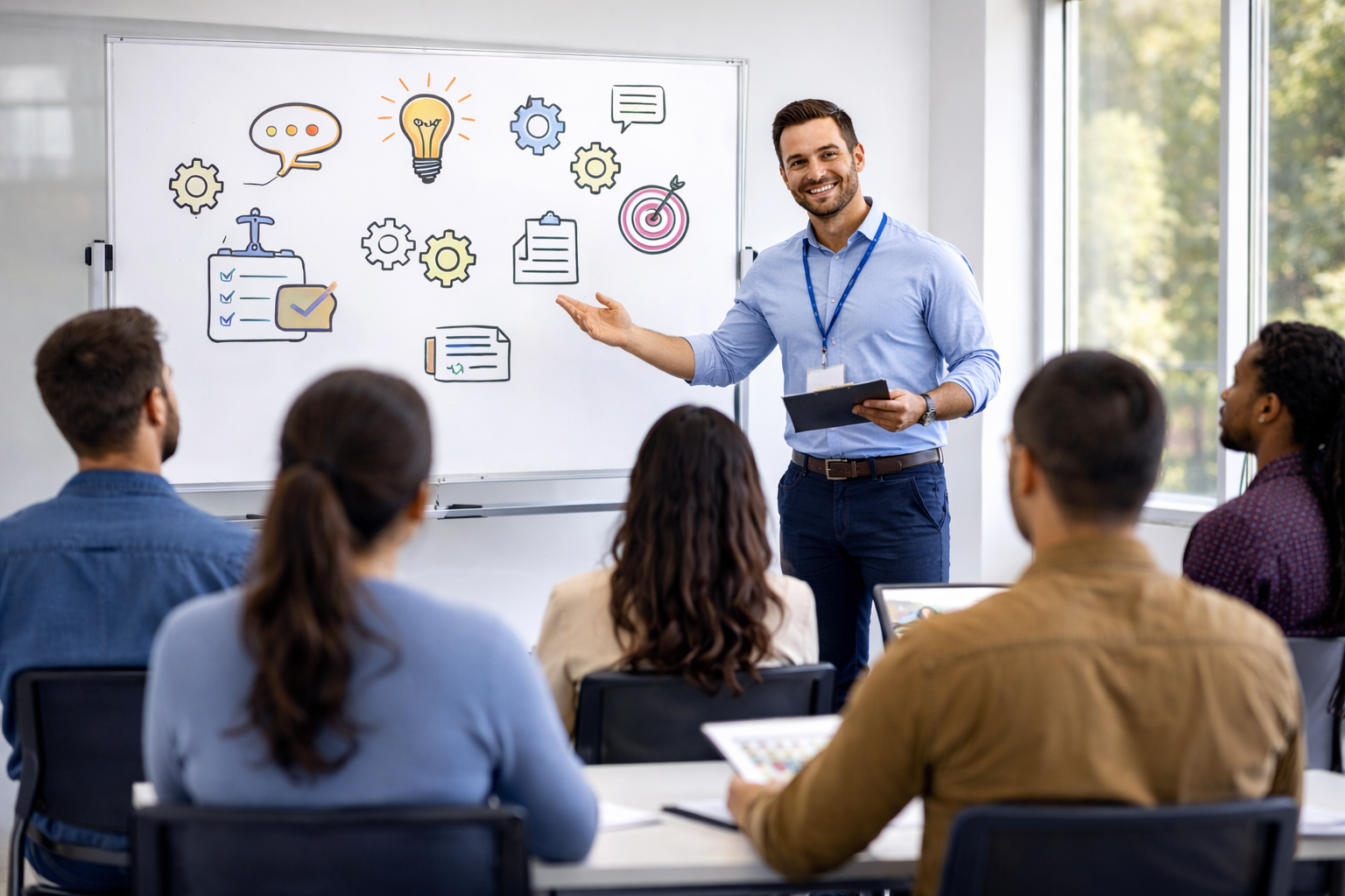 Group of people practicing CPR on mannequins during a training session in a classroom.