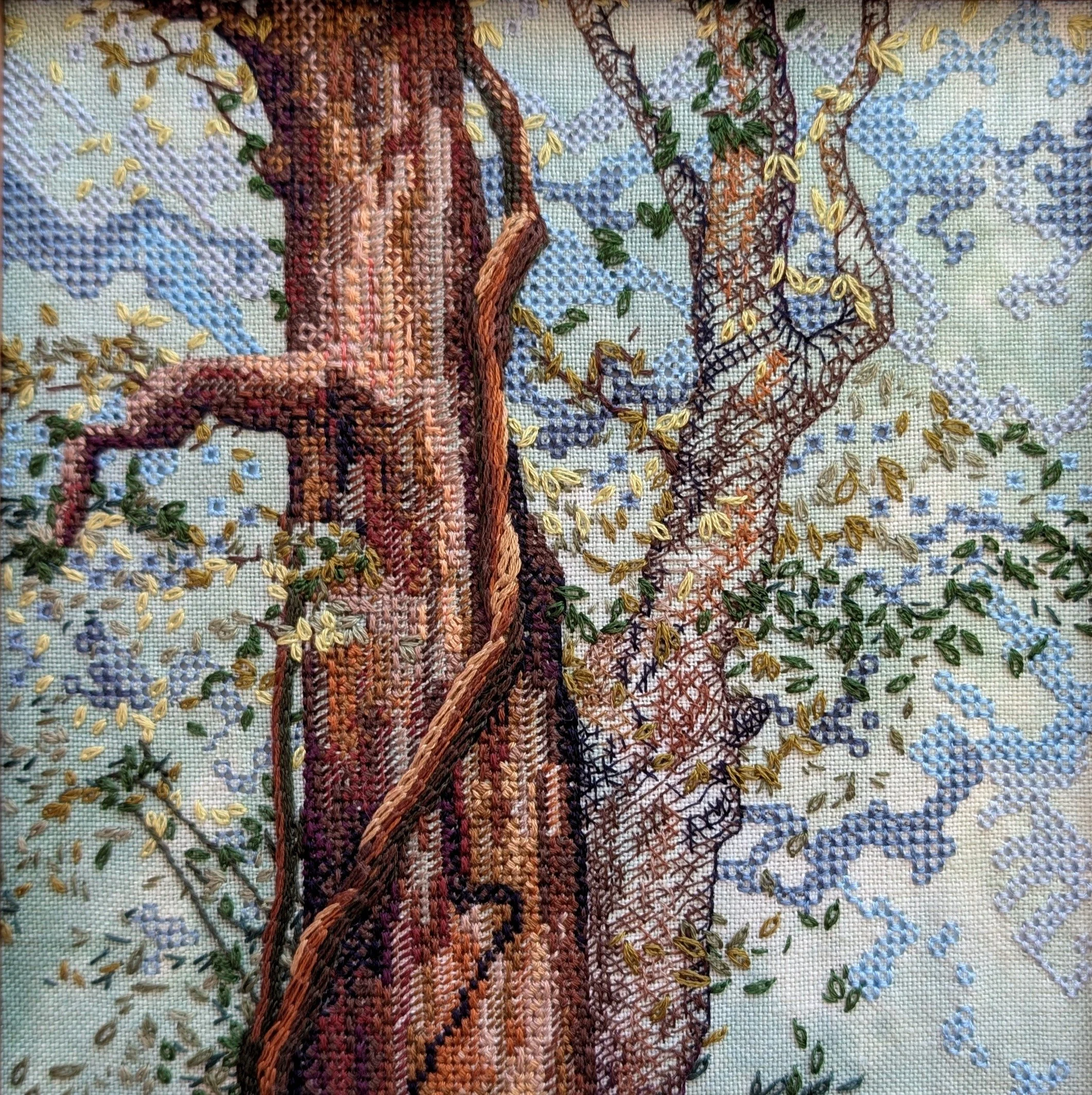 Mid Canopy no.3 - Cotton on linen; needlepoint, pulled-thread, and surface embroidery; 8x6.75 in; $1750