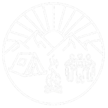 Outdoor camping scene with tent, campfire, and a group of people, mountains in the background, and a rising or setting sun, in Whistler BC.