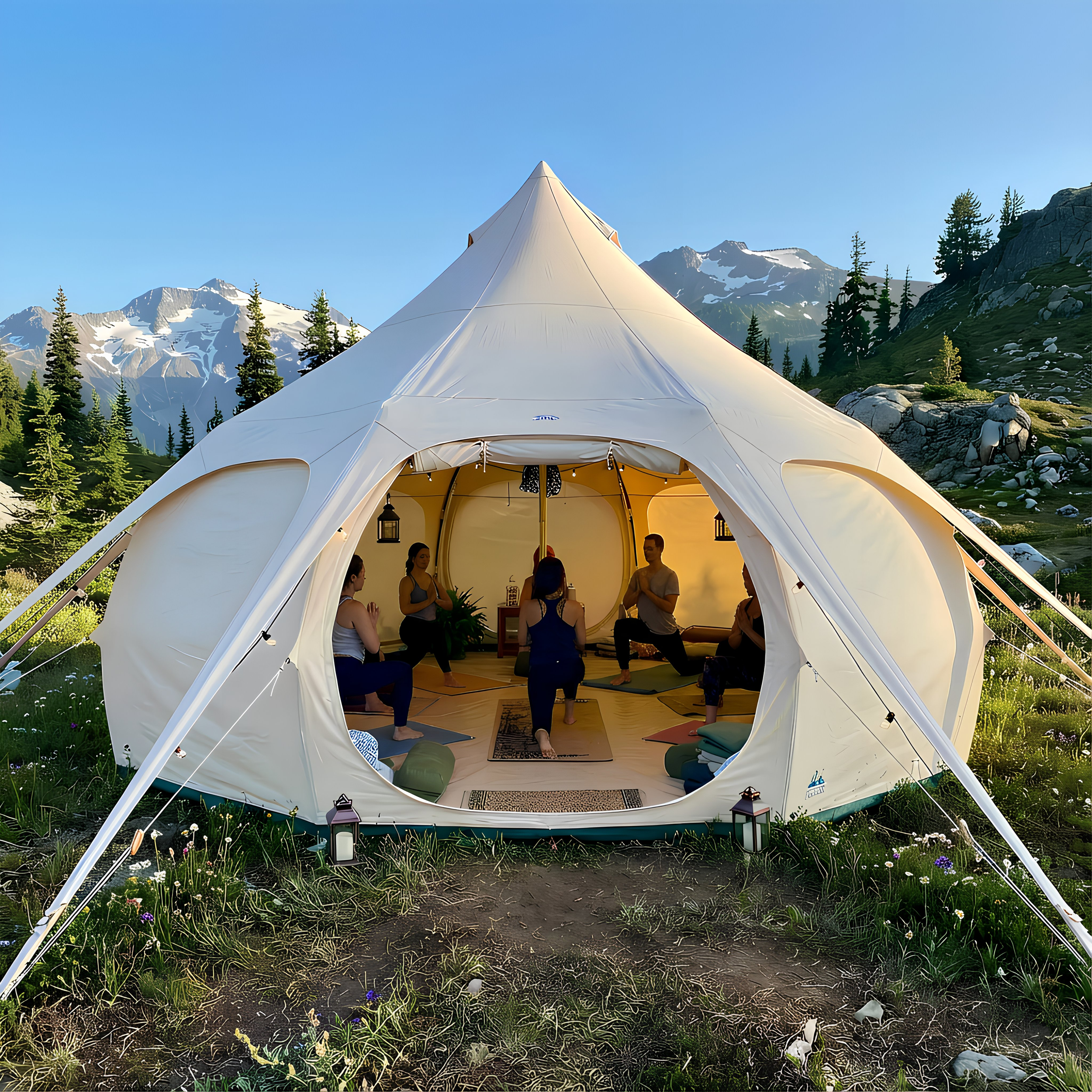 People practicing yoga inside a large mobile tent studio, set up outdoors in a mountainous area with snow-capped peaks and green trees.