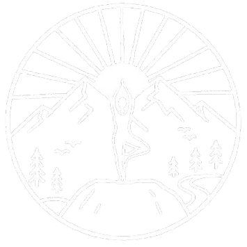 A stylized black and white illustration of a woman in a yoga pose on a rock, surrounded by Whistlers' mountains, cedar trees, and a radiant sun and moon in the background.