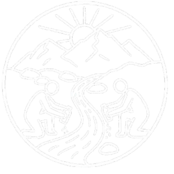 Circular logo with a mountain scene, sun, and two people sitting by a stream on a hiking trail in Whistler BC.