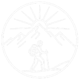 Line drawing of a hiker climbing a mountain near Squamsih with the sun rising or setting behind it, surrounded by alpine mountain peaks.