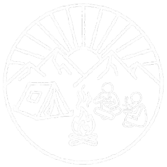 Nighttime camping scene with a tent, two people sitting around a campfire, and mountains of Squamish in the background.