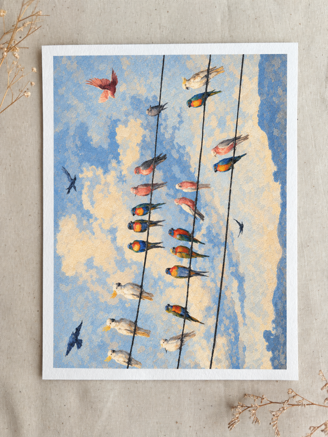 Colourful Birds on Wires Art Print.png