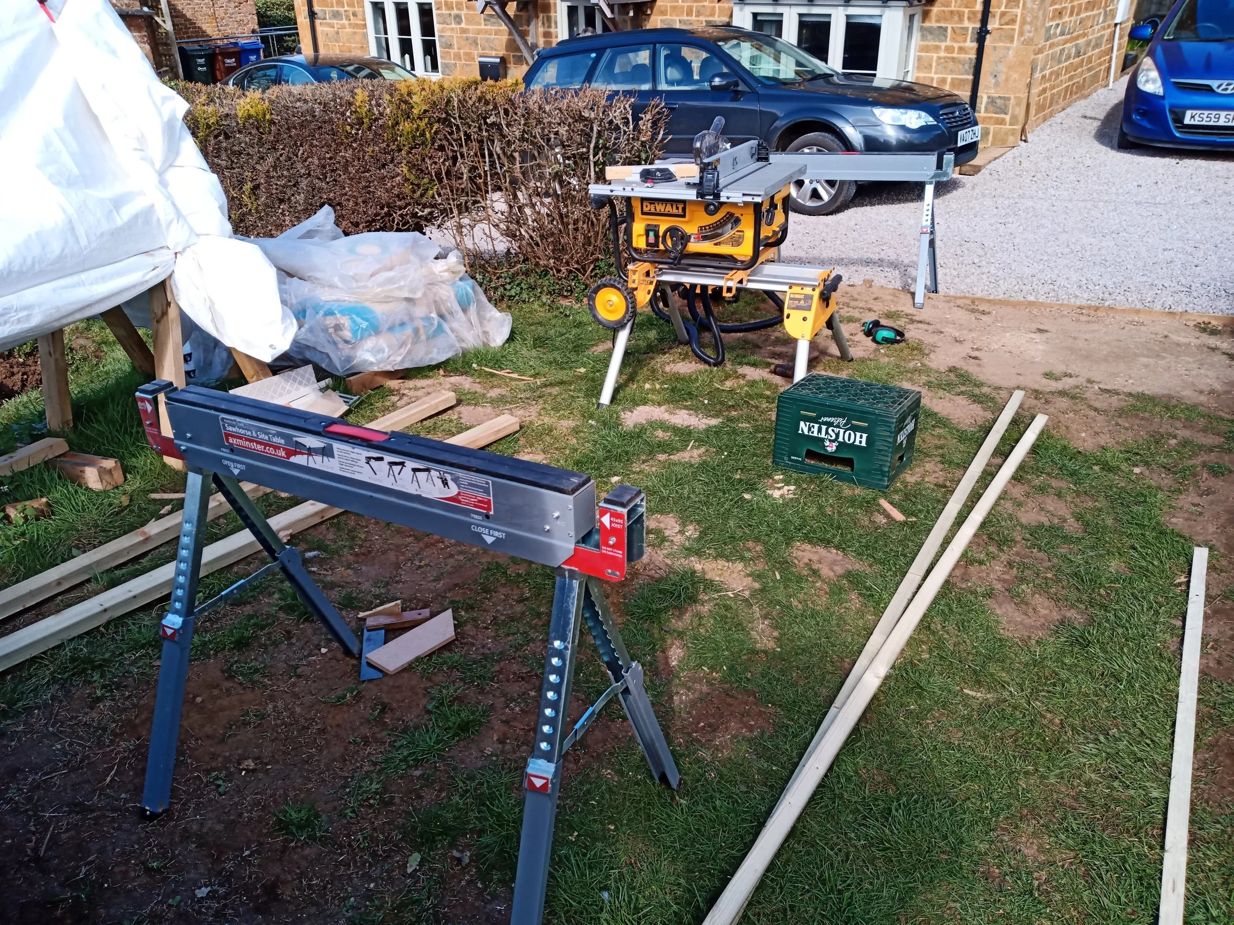 Workshop setup... Outside with a jobsite table saw and a trestle or two!