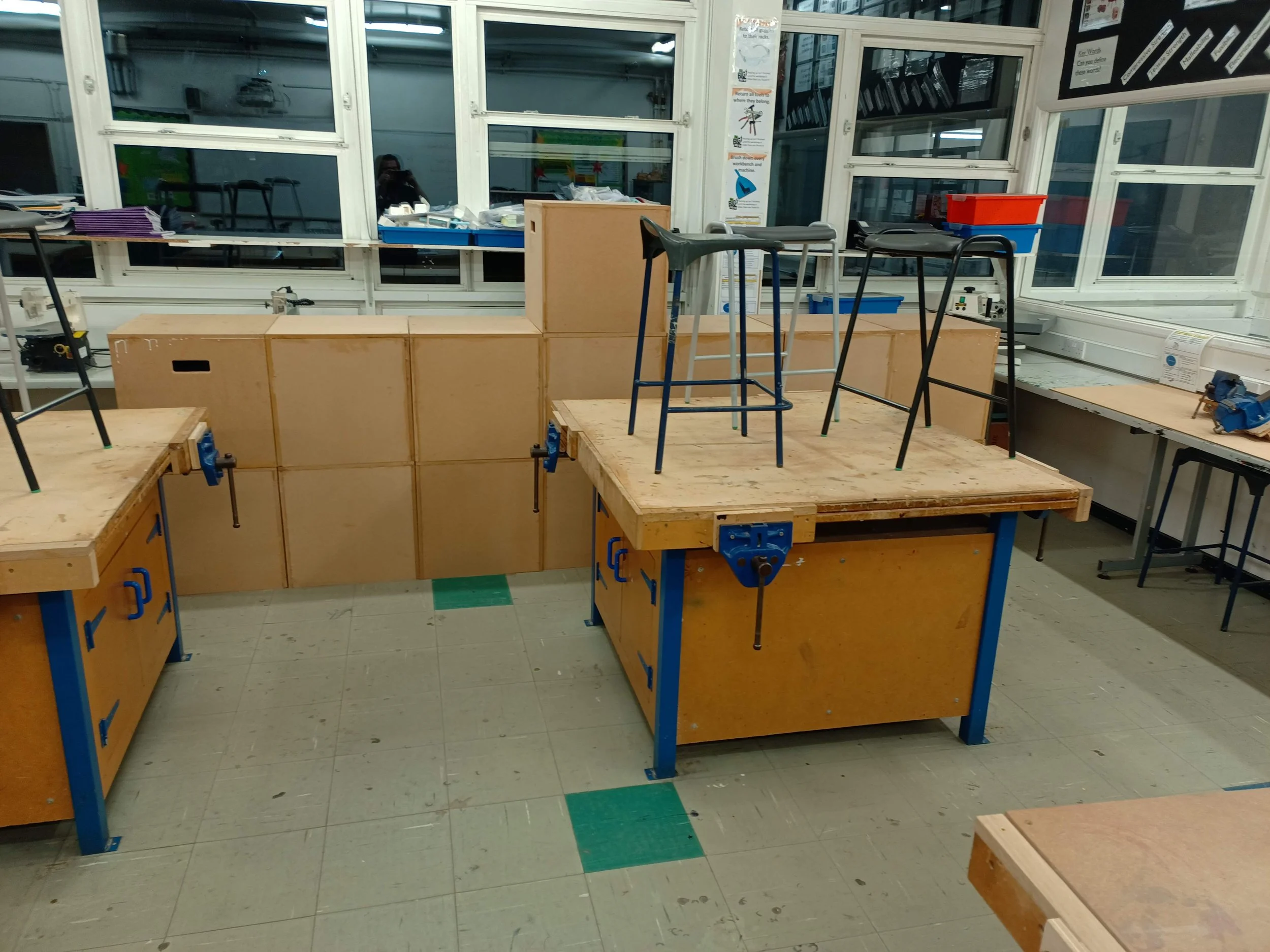 Drama students and teaching staff then spent a couple of after school sessions with me, firstly gluing and nailing each box together, before painting each block black. This saved the Drama department several hundred pounds versus buying pre-built blo