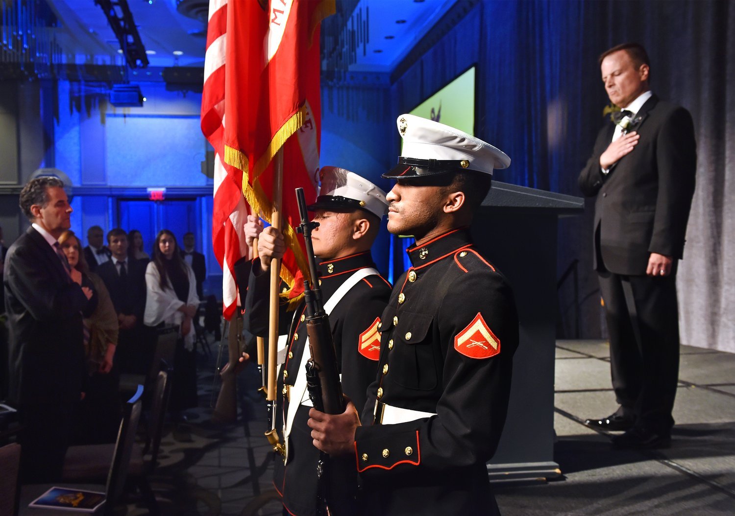  The United States Marine Corps Color Guard presents the colors during the United States National Anthem at the 50th Anniversary Hellenic Heritage and National Public Service Awards. 