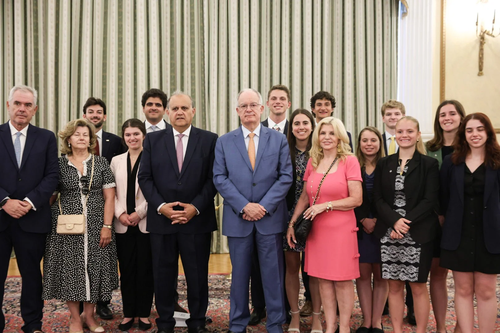  President of the Hellenic Republic, Constantine Tassoulas (center) with AHI President Nick Larigakis (to his right), and Maria Wills, AHI Board Member (to his left) AHI Athens Chapter President Vice Admiral Vasileios Kyriazis (ret.) H.N. (left) with