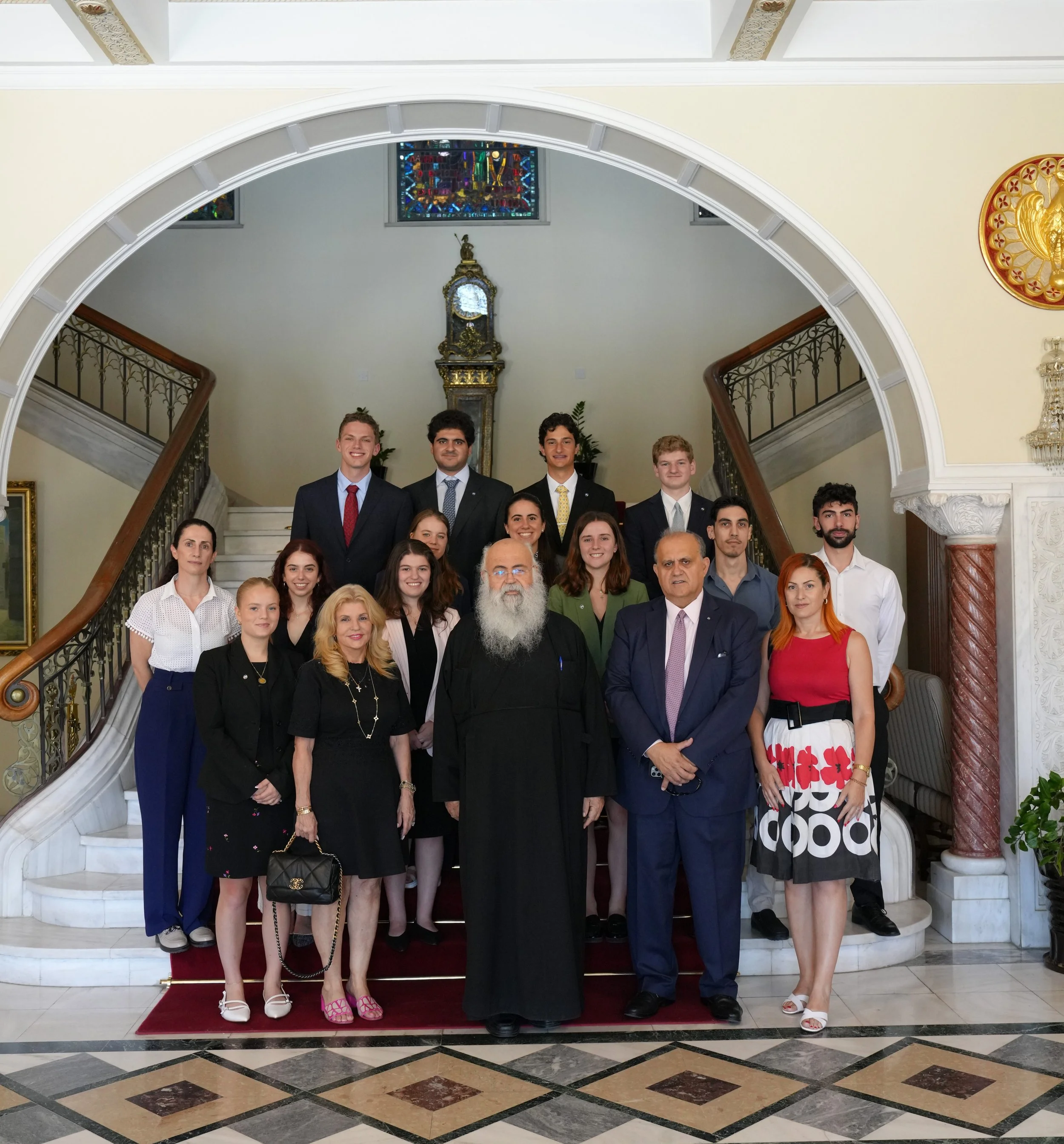  His Beatitude Archbishop of Cyprus Georgios (center) with the student delegation. 