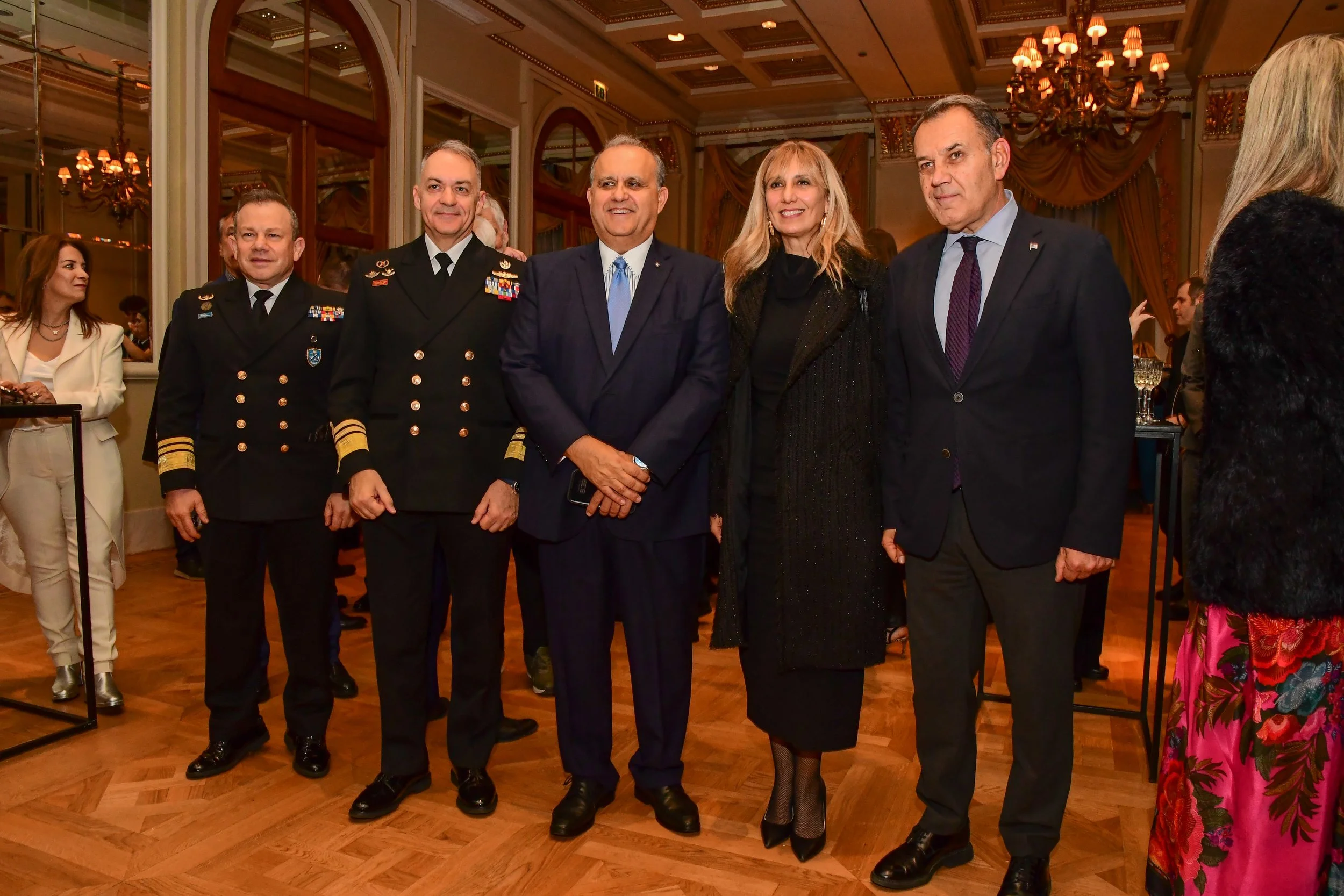   Vice Admiral Tryfon Kontizas, Chief of the Hellenic Coast Guard; Vice Admiral Dimitrios E. Kataras, Chief of the Hellenic Navy; AHI President Nick Larigakis; International Soprano Anastasia Zannis and former Defence minister of Greece Nikolaos Pana