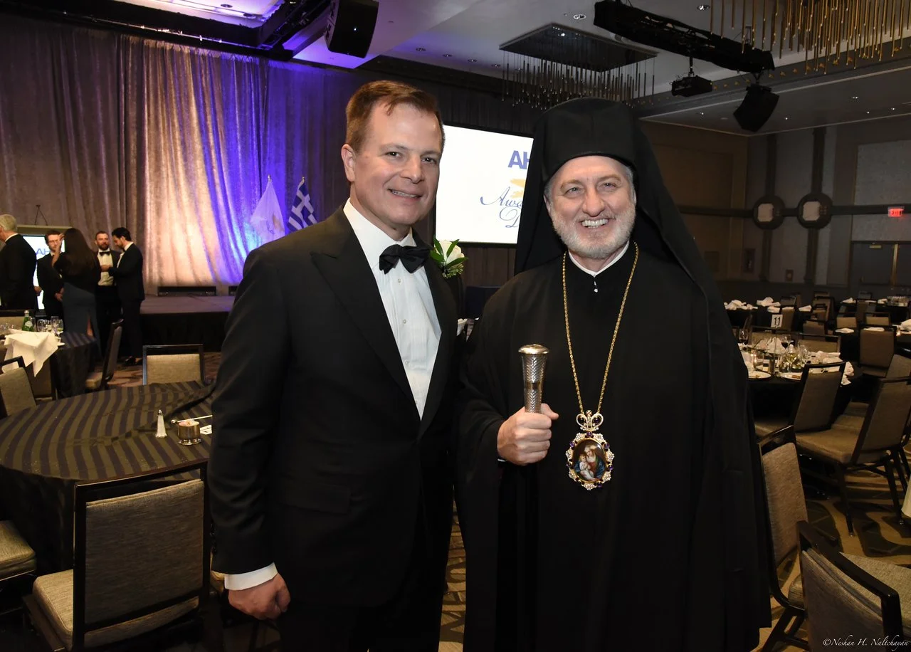 The evening’s Master of Ceremonies, Mike Emanuel, with His Eminence Archbishop Elpidophoros