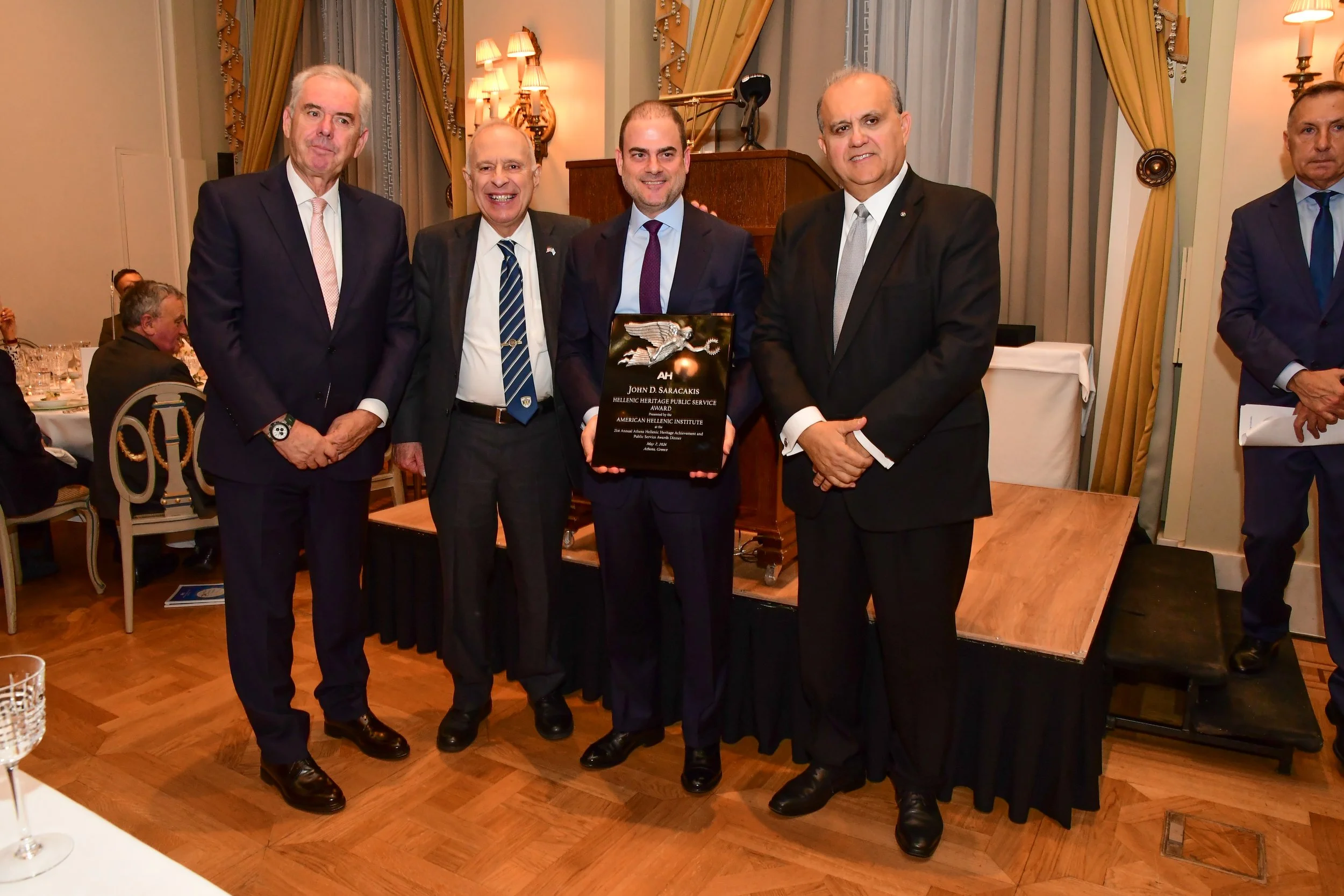  From left to right: AHI-Athens Chapter President Retired Vice Admiral Vasileios Kyriazi; AHI Chairman James H. Lagos, Esq.; AHI Athens Dinner honoree John Saracakis; and AHI President Nick Larigakis