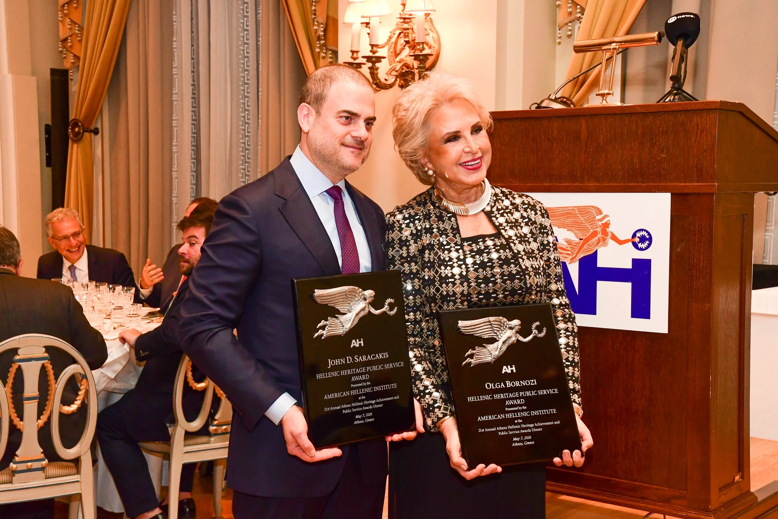 AHI Honors Olga Bornozi, John D. Saracakis at 21st Annual Athens Awards Dinner; U.S. Ambassador Guilfoyle Delivers Remarks