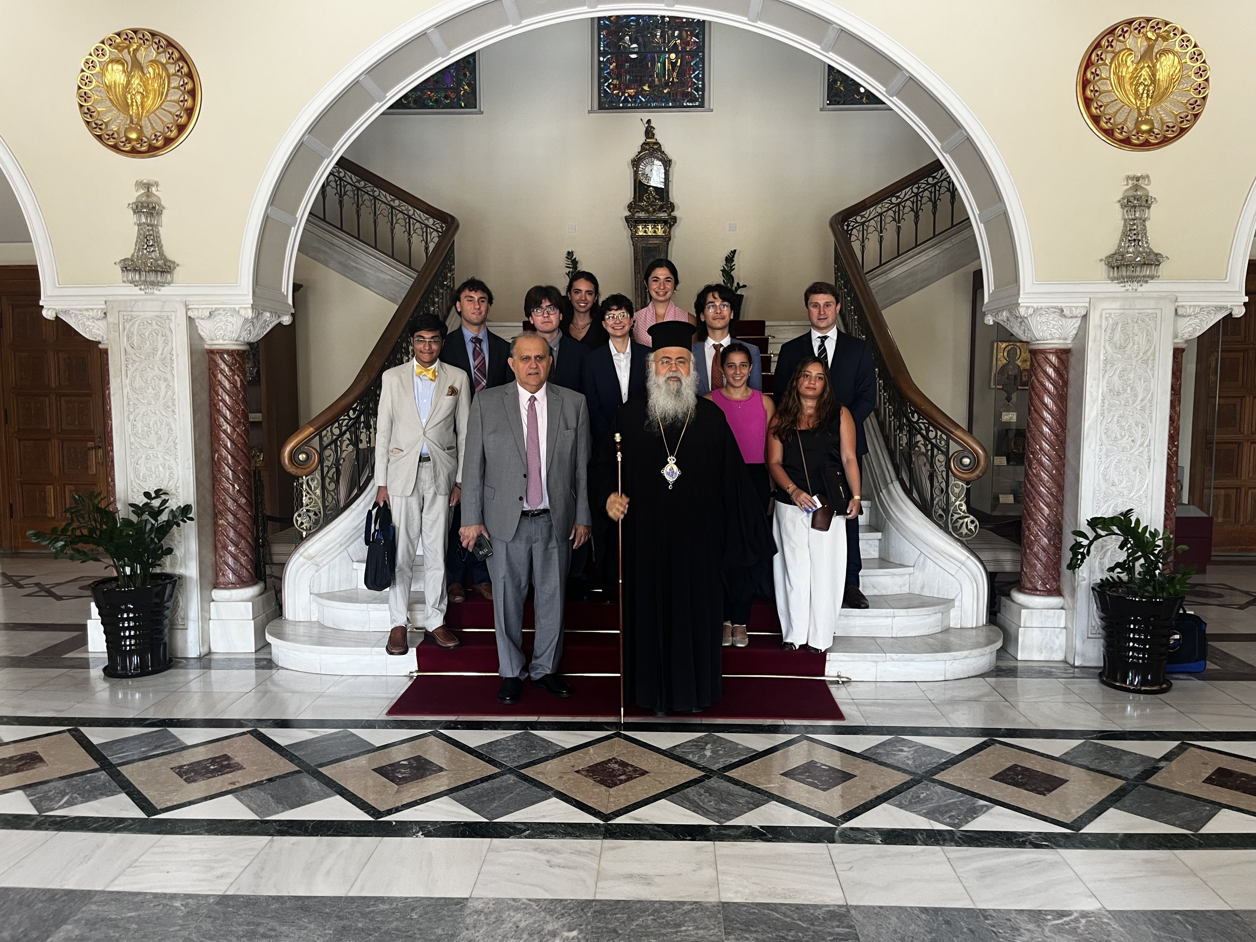  His Beatitude Archbishop Georgios of Cyprus with the student delegation. 