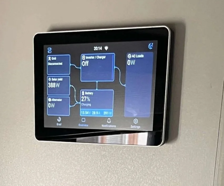Wall-mounted digital control panel displaying solar power system information including solar yield, battery level, inverter/off status, and AC load, in a modern home or building. Example of RV Solar Install near San Diego.  Lithium Battery, DC/DC Con